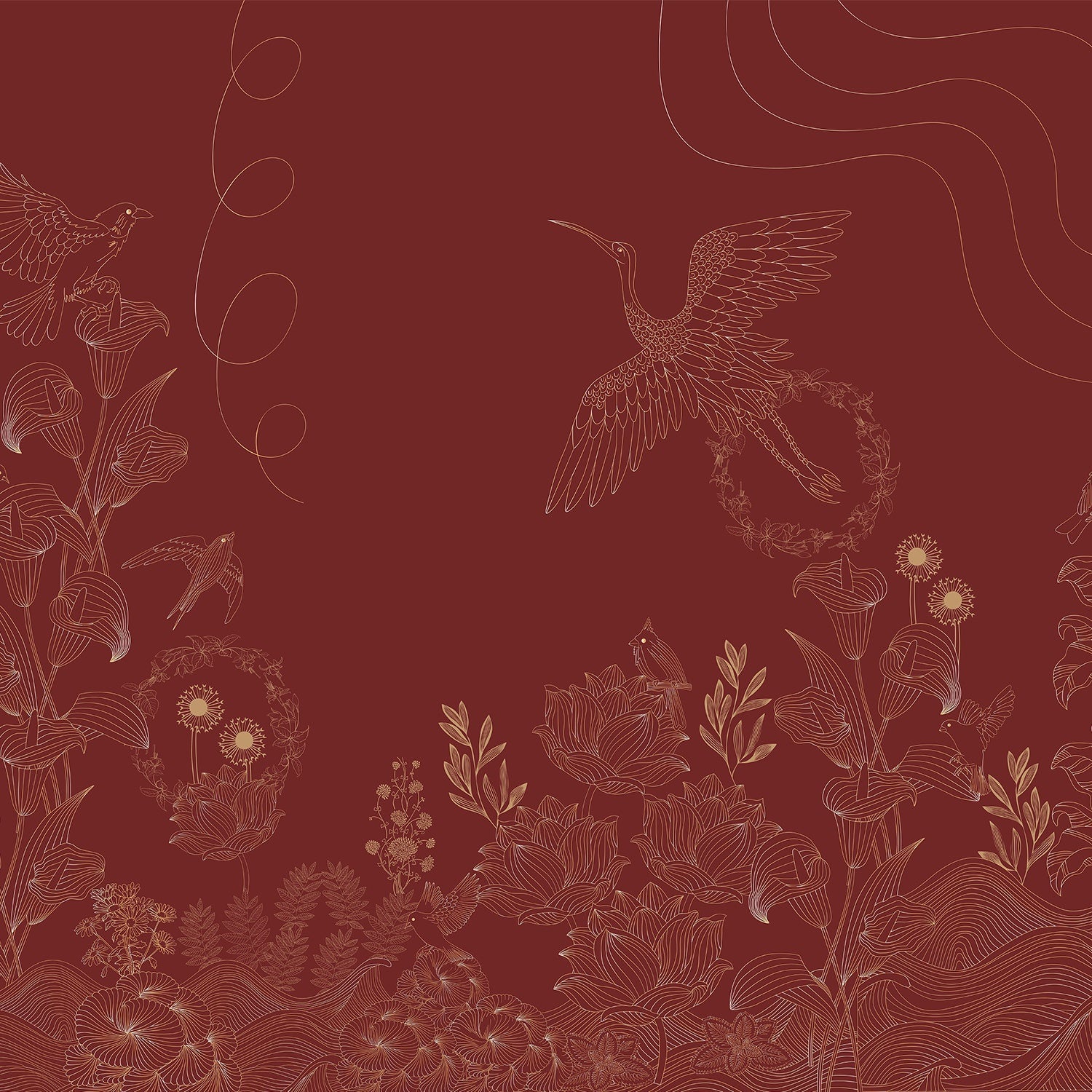 Luxurious brown and copper birds with floral motifs in elegant Asian-inspired style - view 16 - final