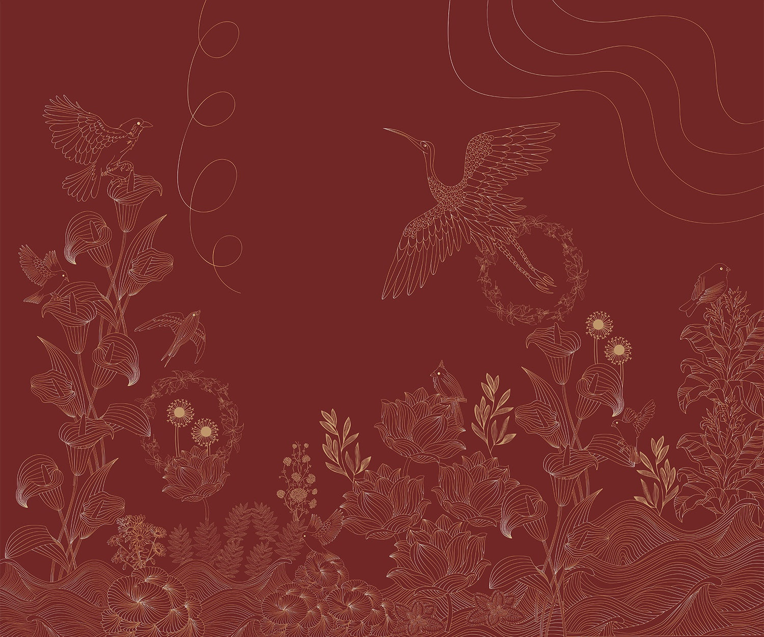 "Vibrant lea birds and floral wallpaper mural-inequal final"