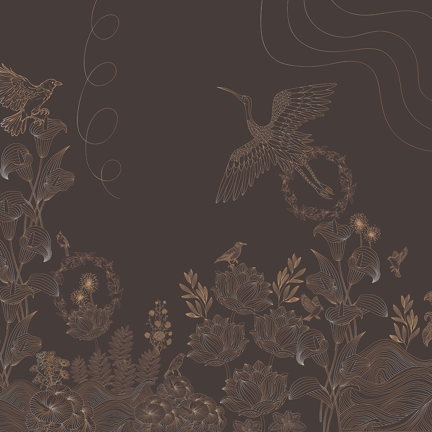 Luxurious brown and copper birds with floral motifs in elegant Asian-inspired style - view 2 - final