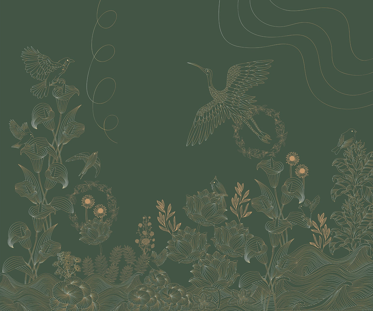 "Vibrant lea birds and floral wallpaper mural-inequal final"