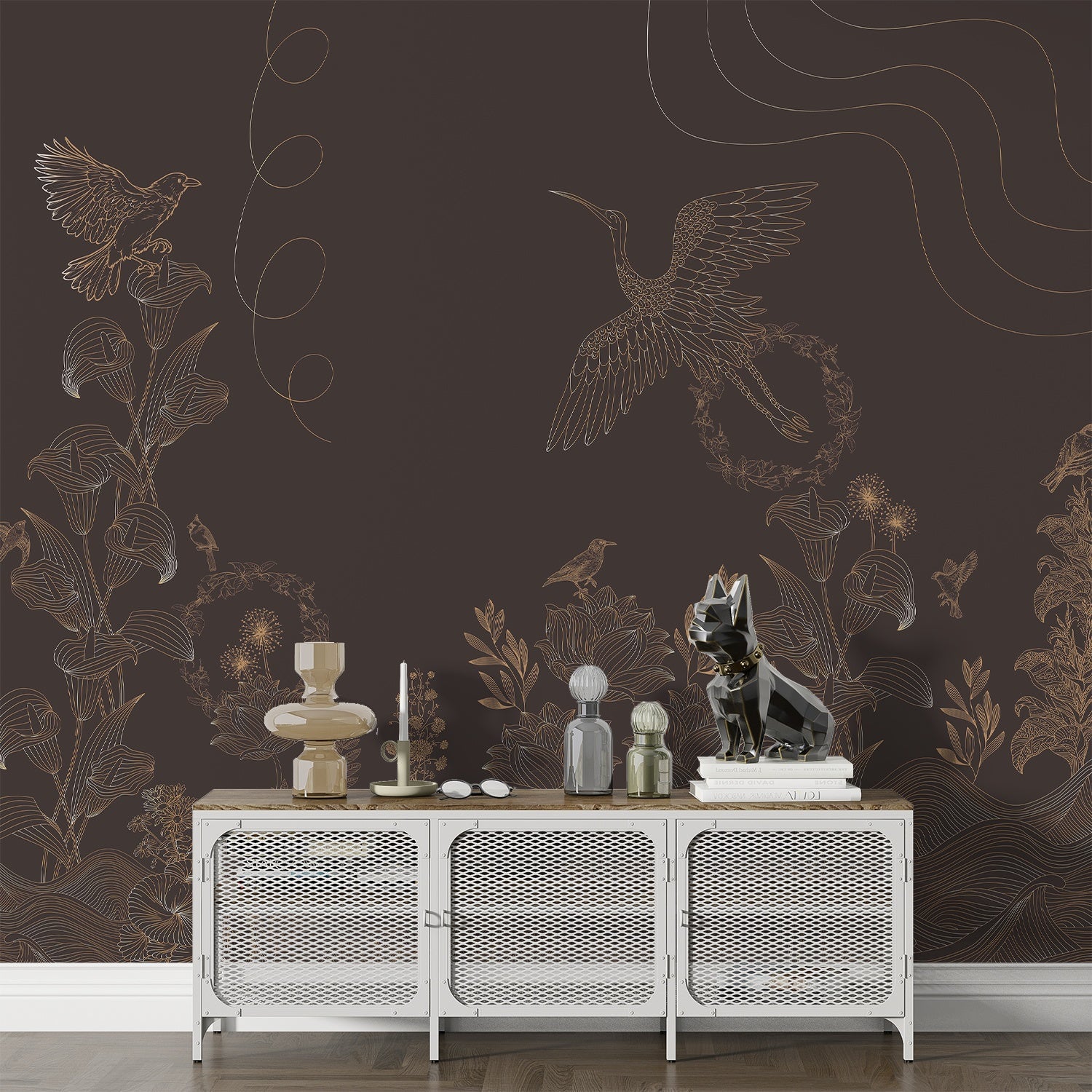 Luxurious brown and copper birds with floral motifs in elegant Asian-inspired style - final foyer