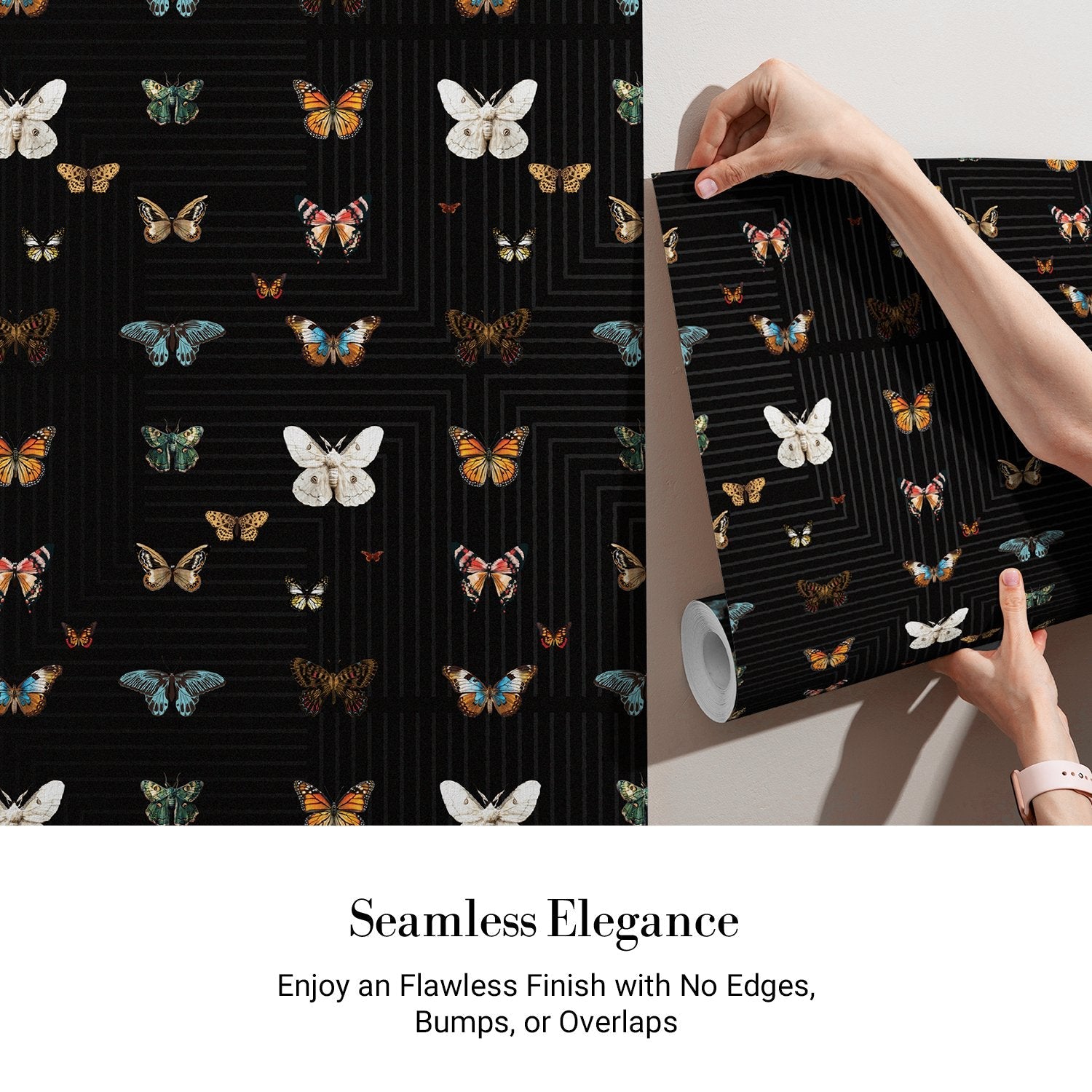 Butterflies in various colors arranged on black background with geometric circuit board lines - view 4 - final