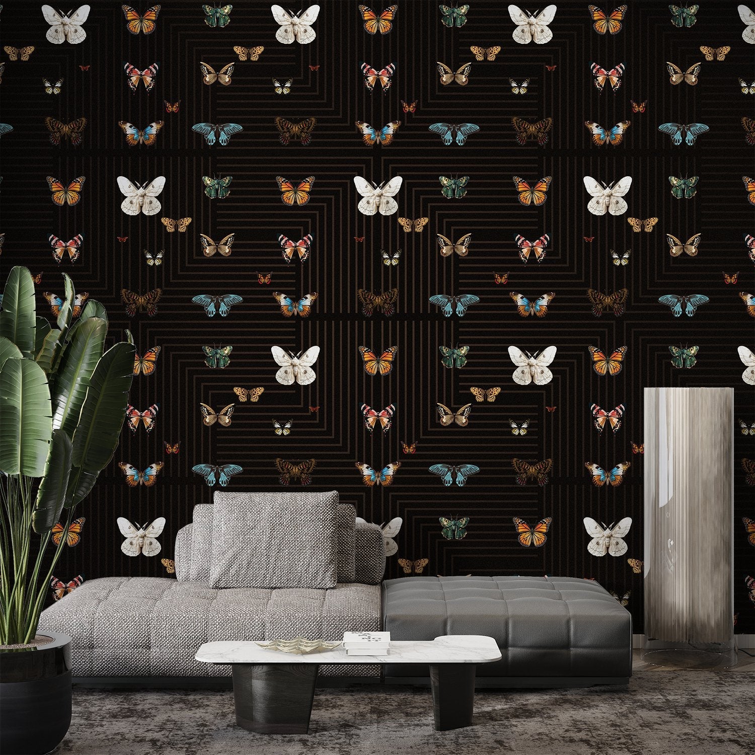 Butterflies in various colors arranged on black background with geometric circuit board lines - view 8 - final