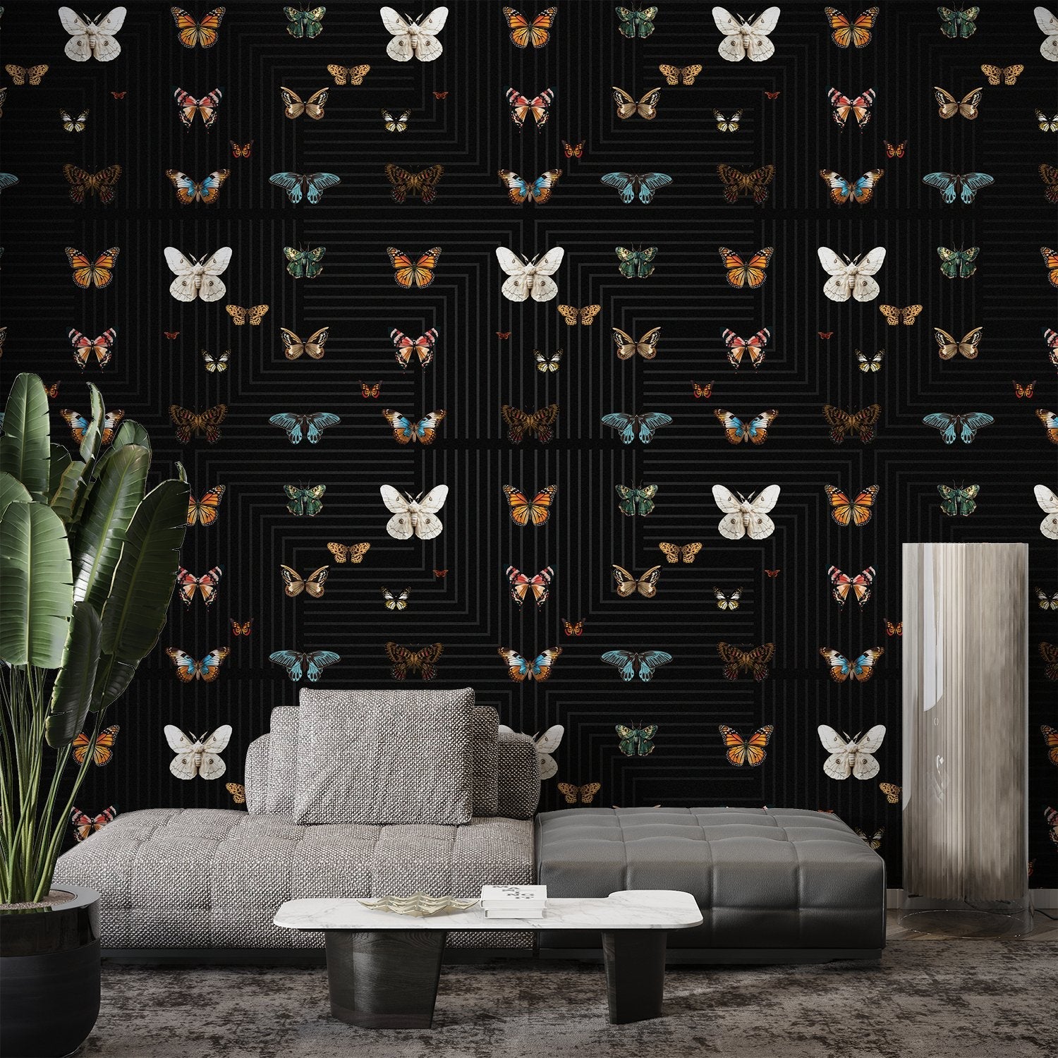 Butterflies in various colors arranged on black background with geometric circuit board lines - final living-room