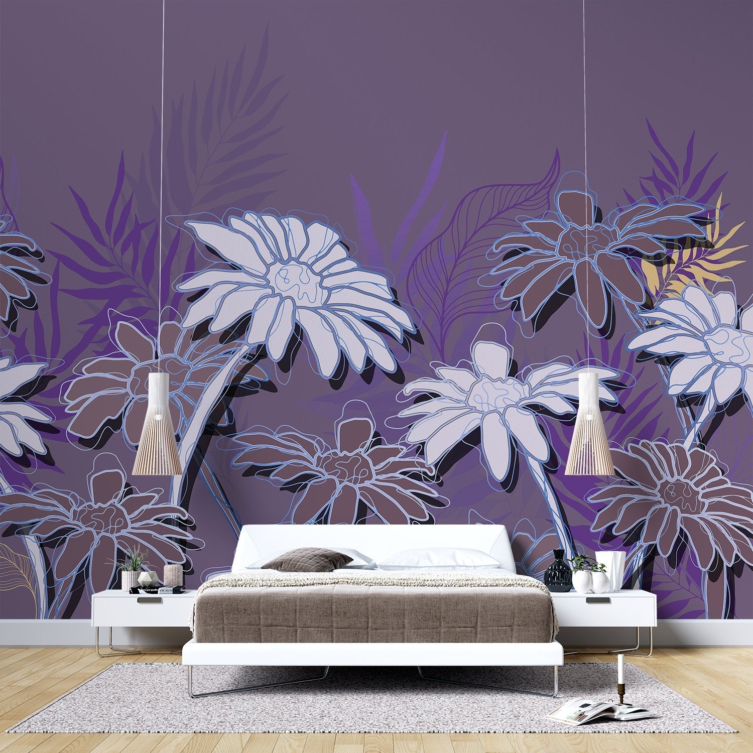 Large white daisies with gold outlines against deep emerald background in modern botanical style - view 10 - final