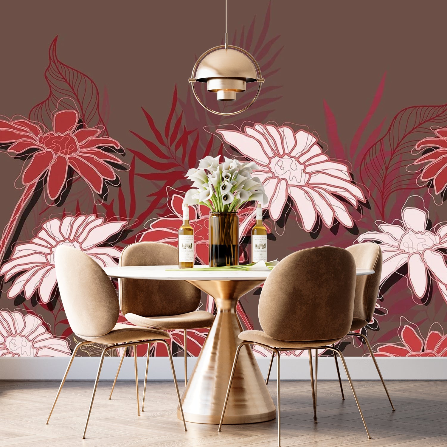 Large white daisies with gold outlines against deep emerald background in modern botanical style - view 12 - final