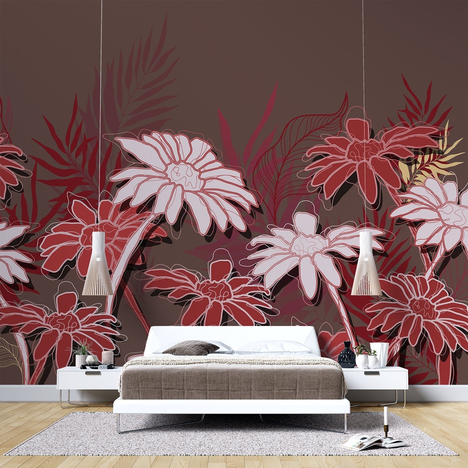 Large white daisies with gold outlines against deep emerald background in modern botanical style - view 15 - final