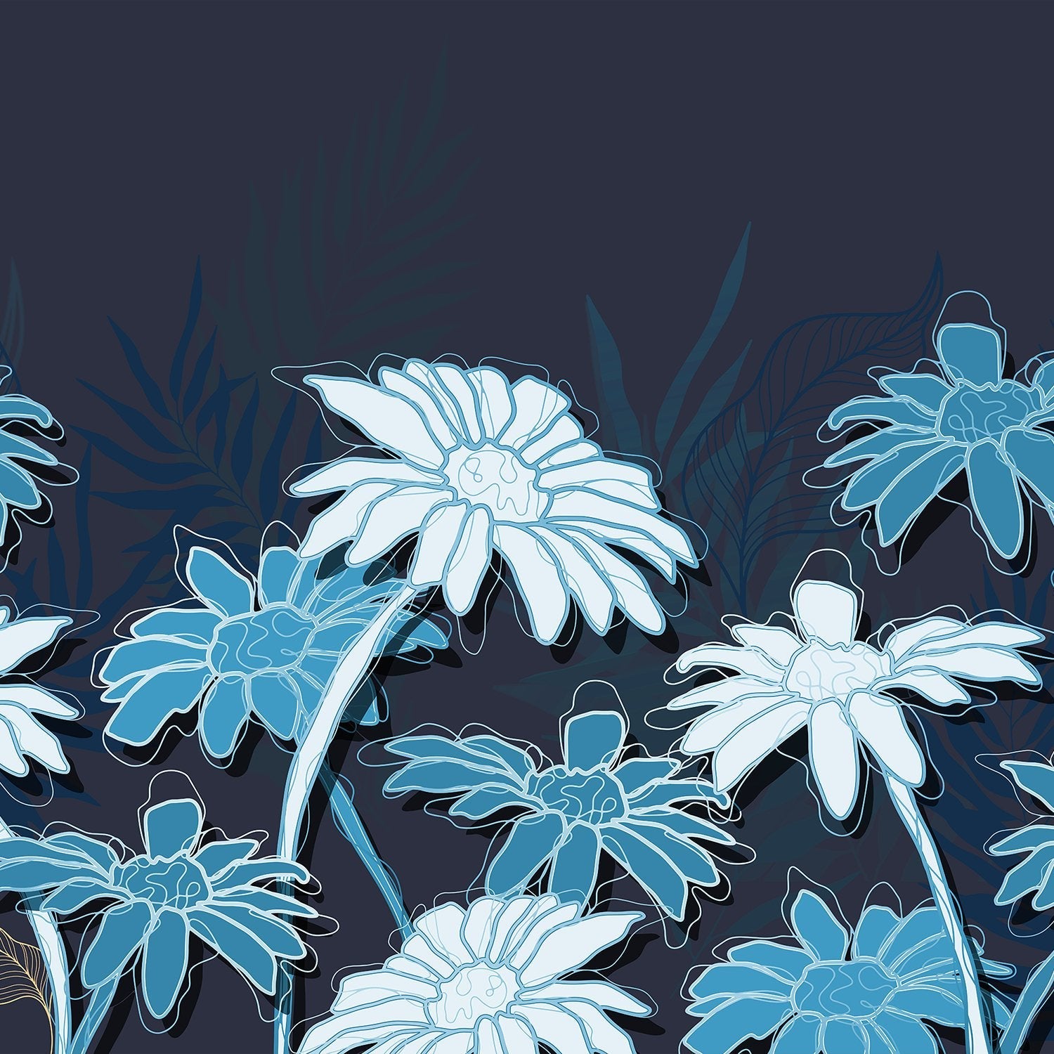 Large white daisies with gold outlines against deep emerald background in modern botanical style - view 18 - final