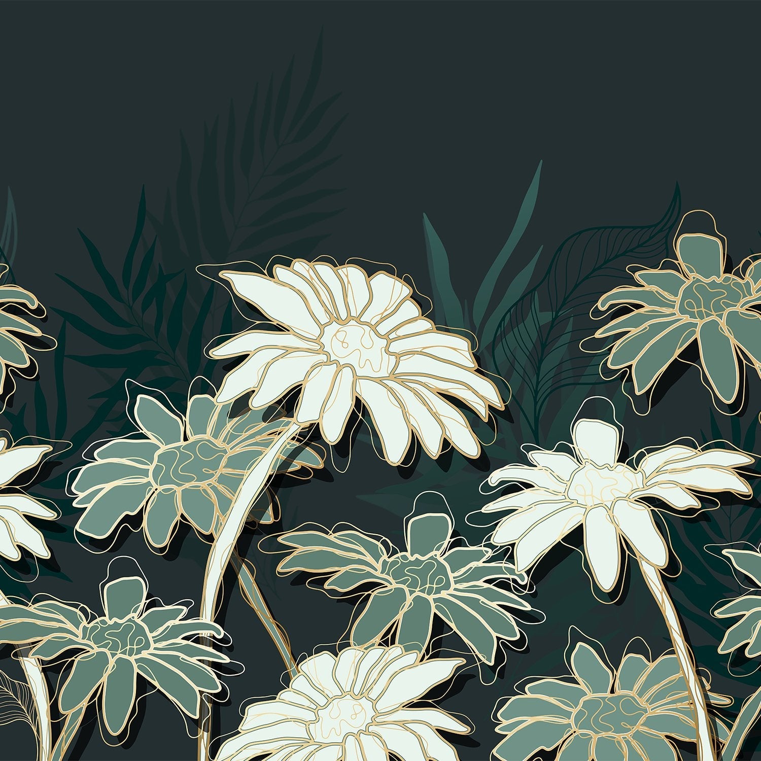 Large white daisies with gold outlines against deep emerald background in modern botanical style - view 2 - final