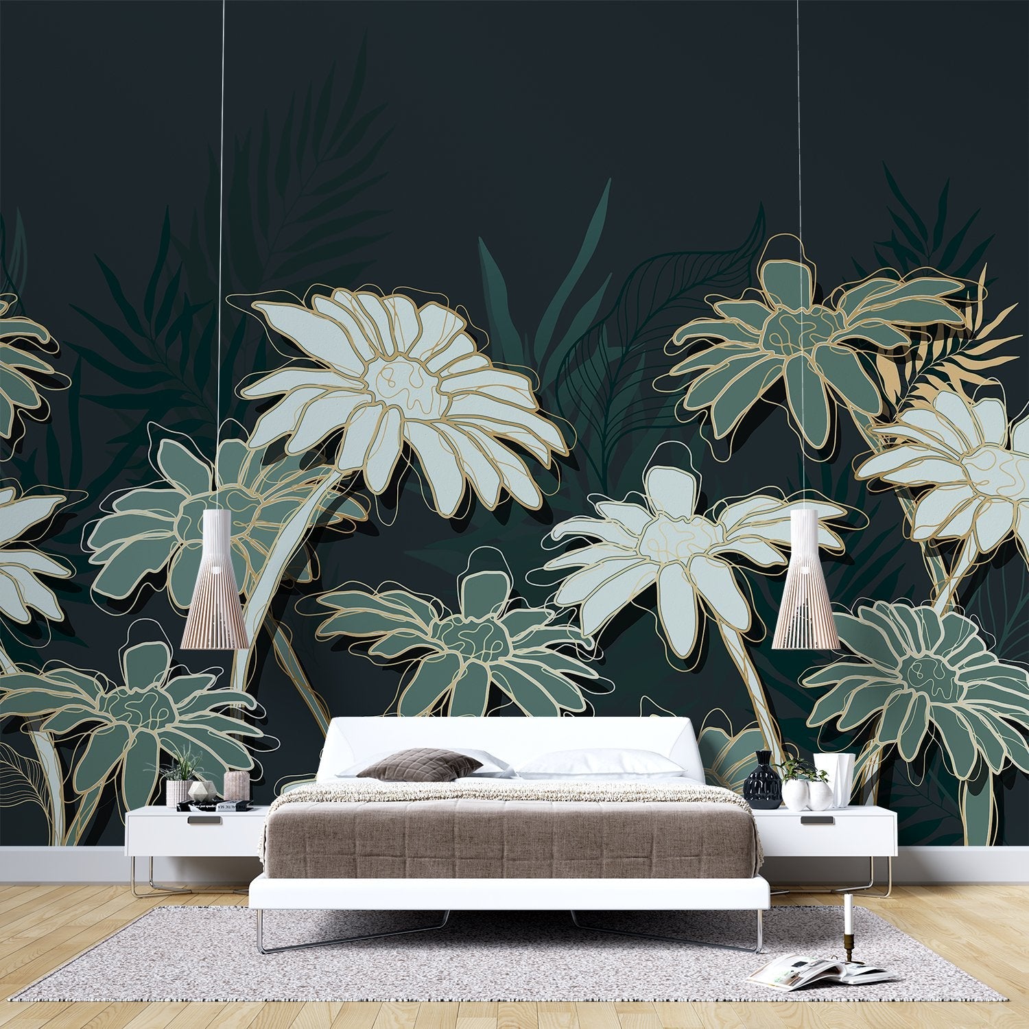Large white daisies with gold outlines against deep emerald background in modern botanical style - view 3 - final bed-room