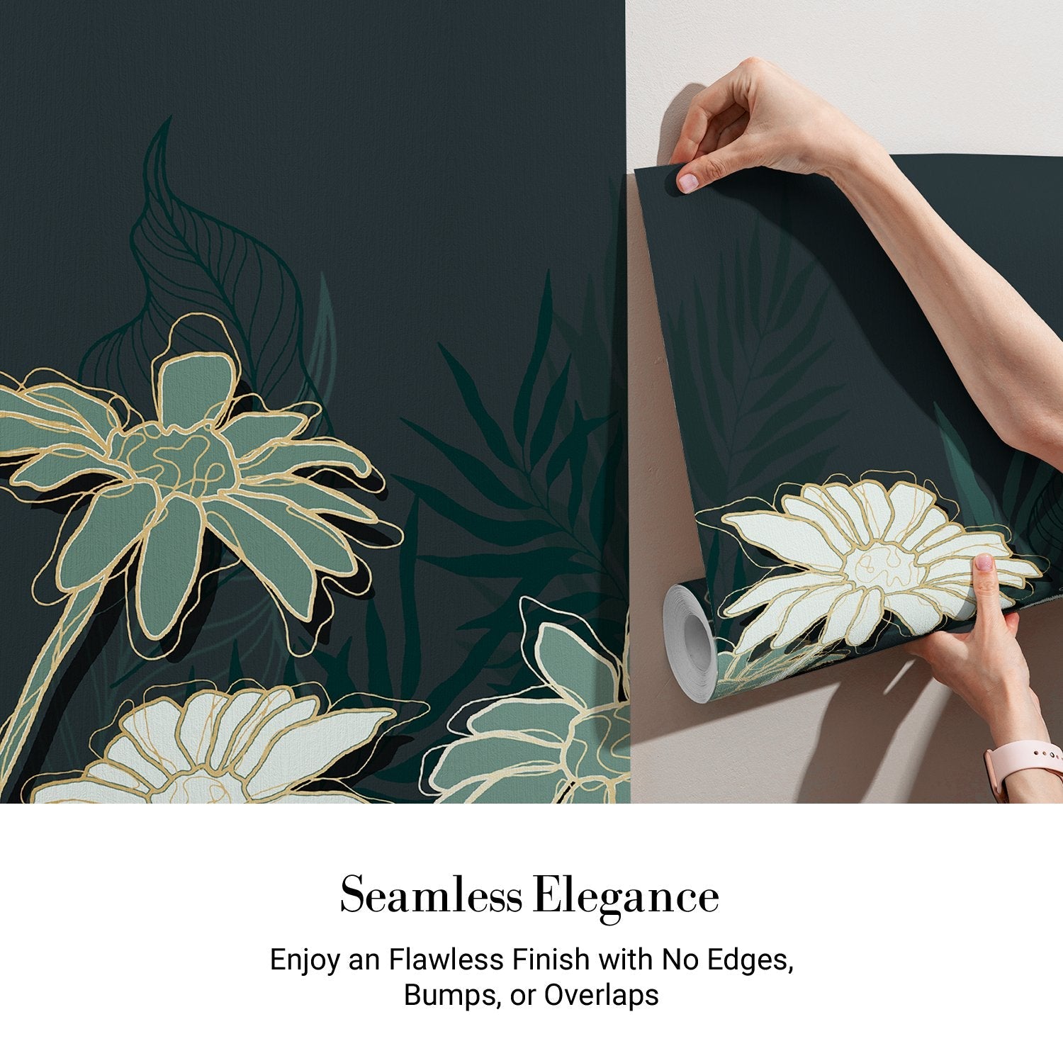 Large white daisies with gold outlines against deep emerald background in modern botanical style - view 4 - final