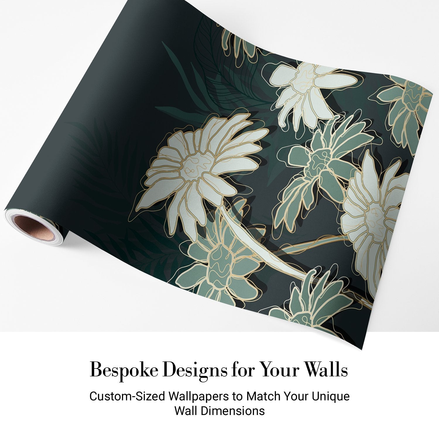 Large white daisies with gold outlines against deep emerald background in modern botanical style - view 5 - final