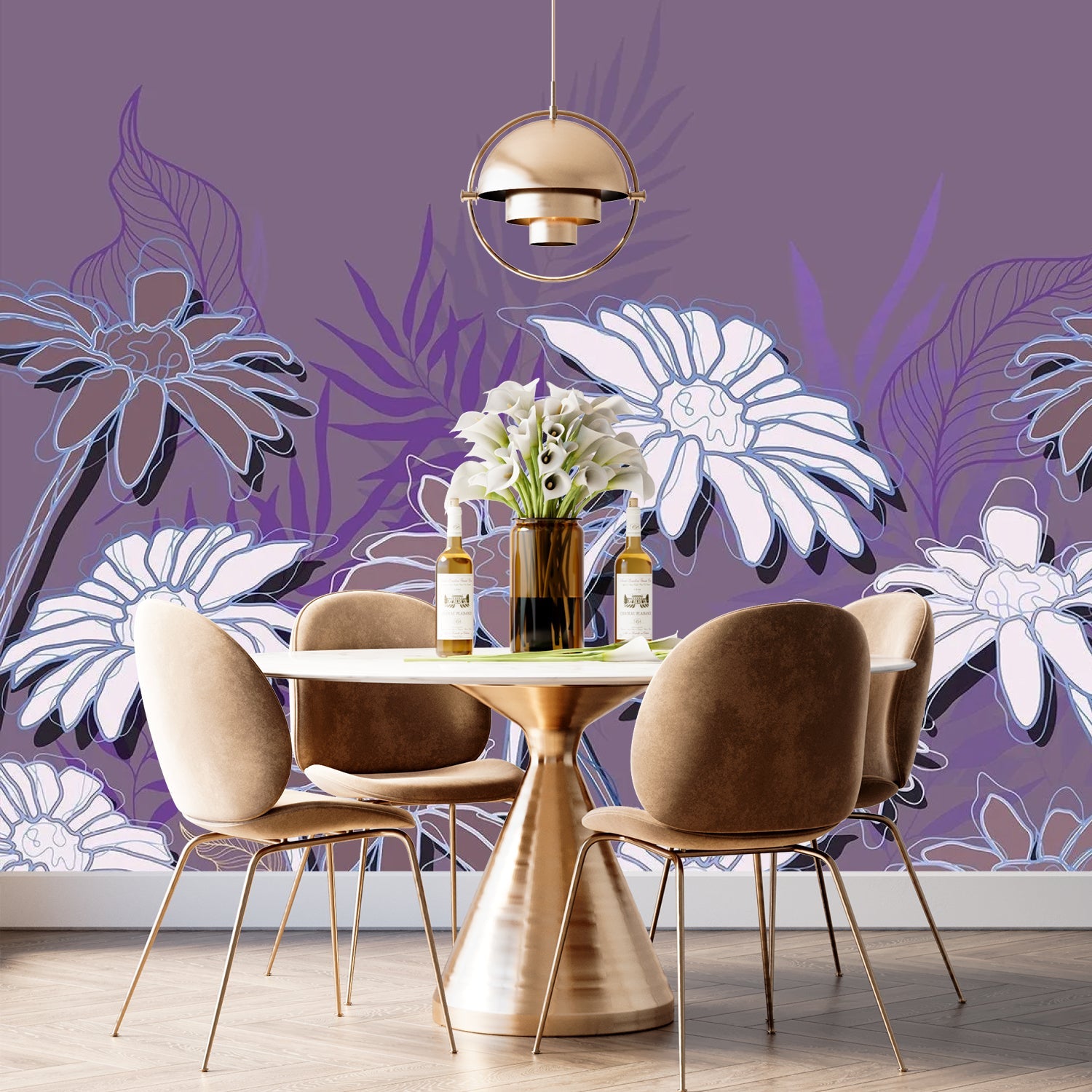 Large white daisies with gold outlines against deep emerald background in modern botanical style - view 7 - final