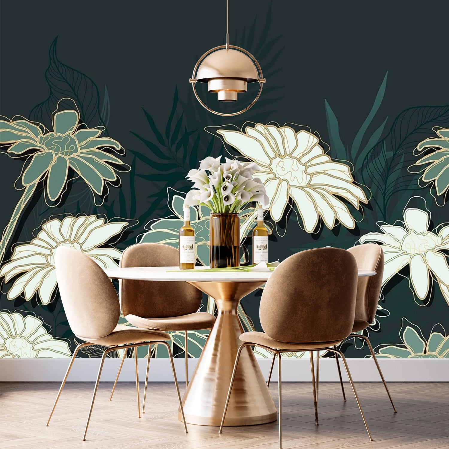 Large white daisies with gold outlines against deep emerald background in modern botanical style - final dining-room