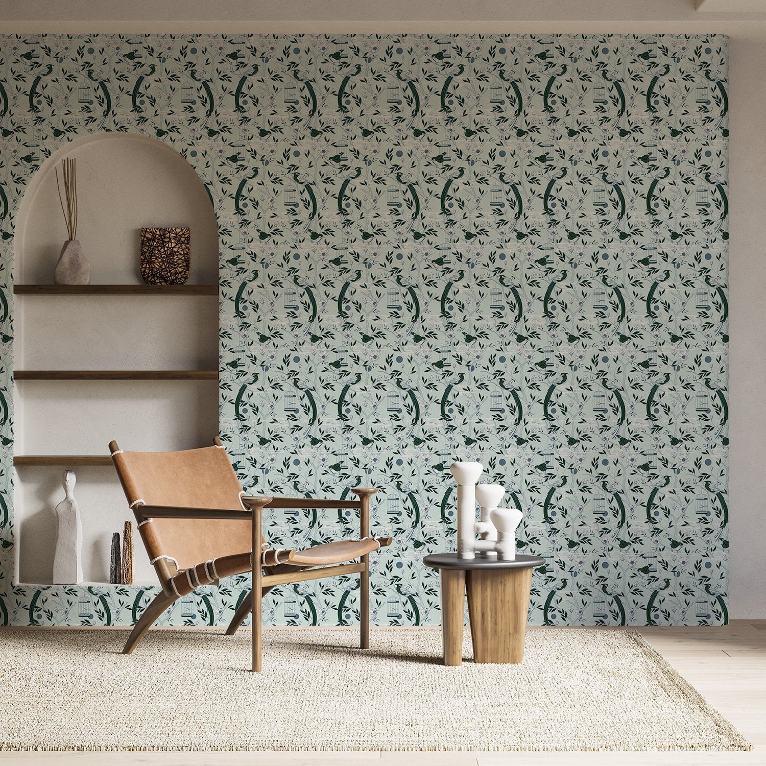 Graceful navy blue botanical scrolls and delicate pink flowers on cream colored background - view 11 - final