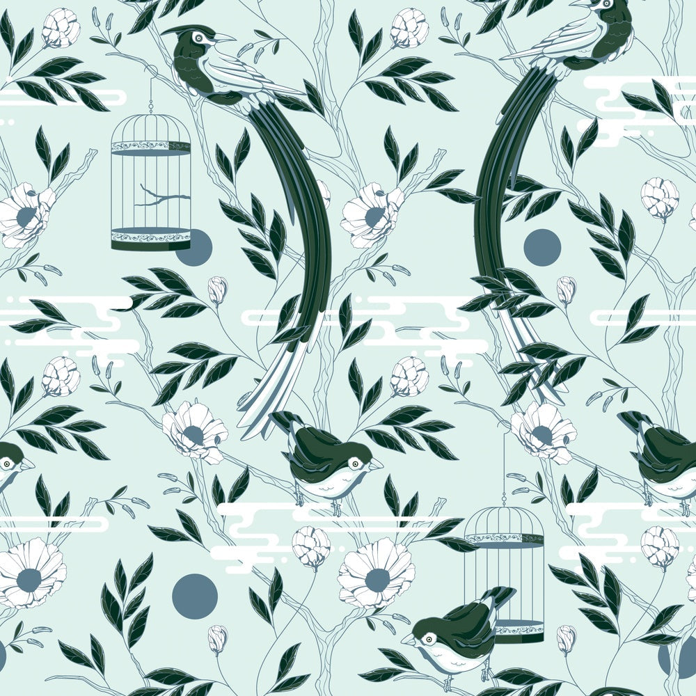 Graceful navy blue botanical scrolls and delicate pink flowers on cream colored background - view 13 - repeat-small - final