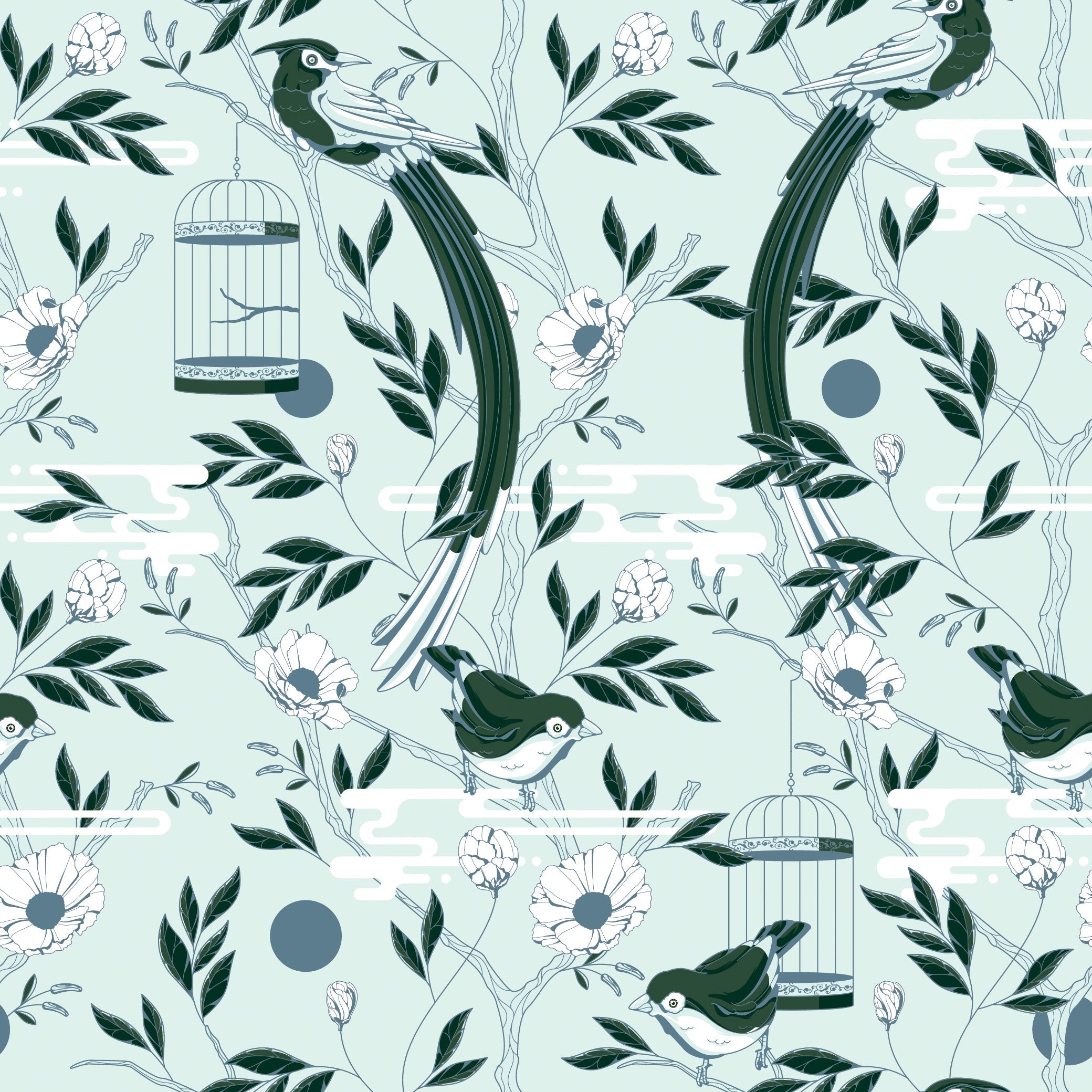 Graceful navy blue botanical scrolls and delicate pink flowers on cream colored background - view 14 - repeat-original - final