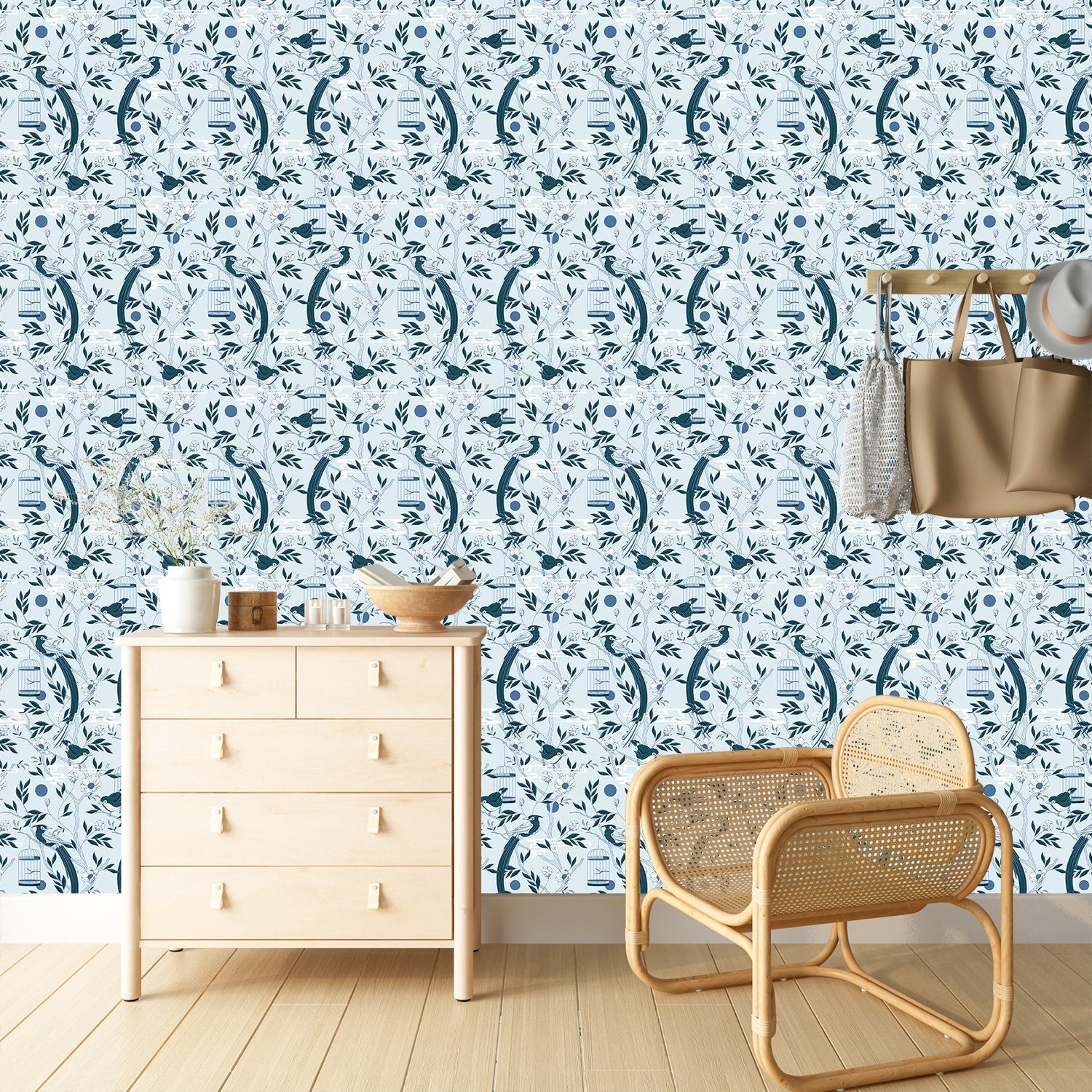 Graceful navy blue botanical scrolls and delicate pink flowers on cream colored background - view 15 - final