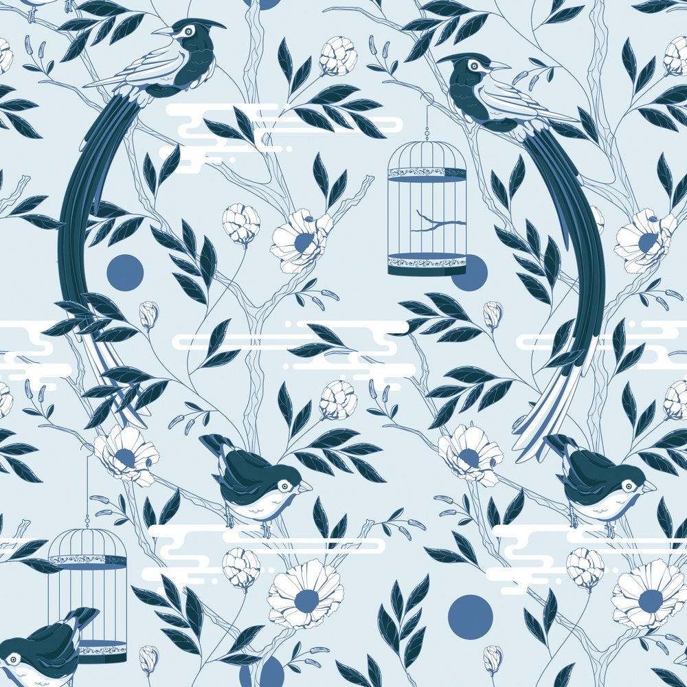 Graceful navy blue botanical scrolls and delicate pink flowers on cream colored background - view 19 - repeat-small - final