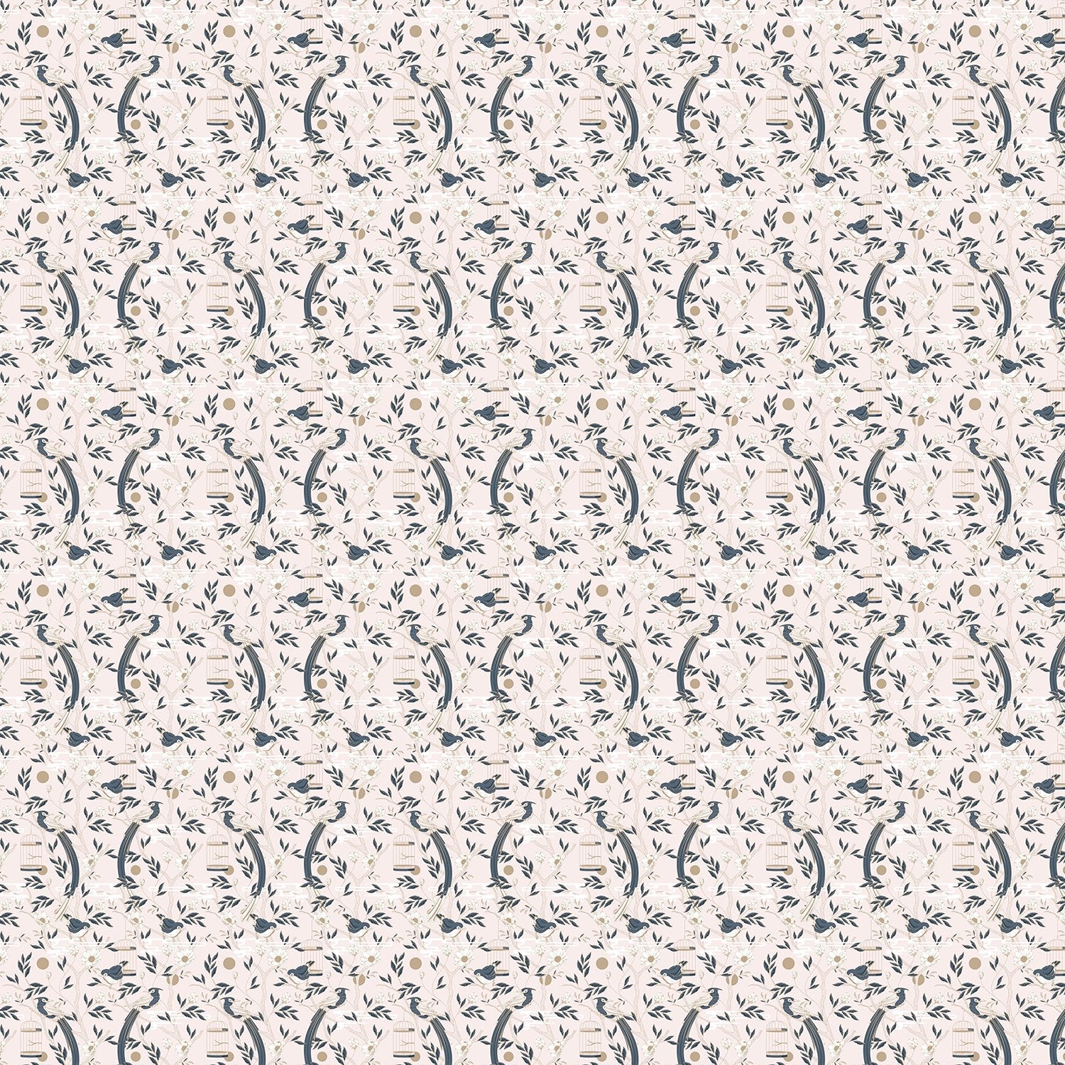 Graceful navy blue botanical scrolls and delicate pink flowers on cream colored background - view 2 - final