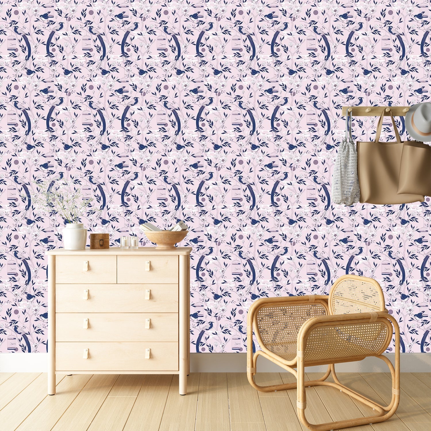 Graceful navy blue botanical scrolls and delicate pink flowers on cream colored background - view 21 - final