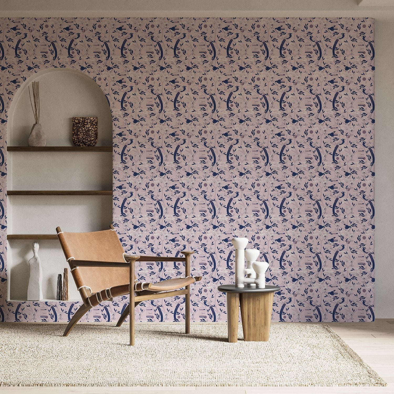 Graceful navy blue botanical scrolls and delicate pink flowers on cream colored background - view 23 - final