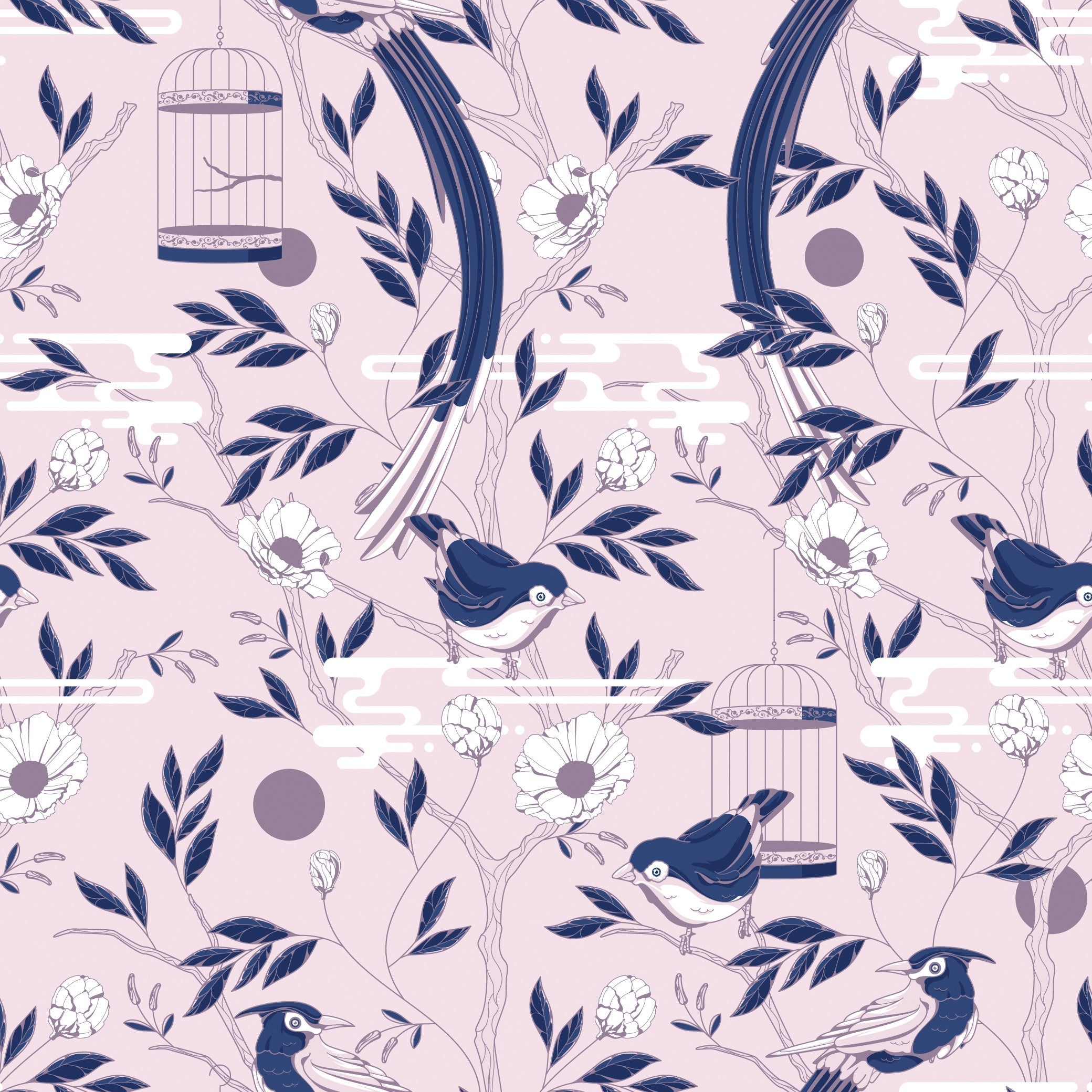 Graceful navy blue botanical scrolls and delicate pink flowers on cream colored background - view 26 - repeat-original - final