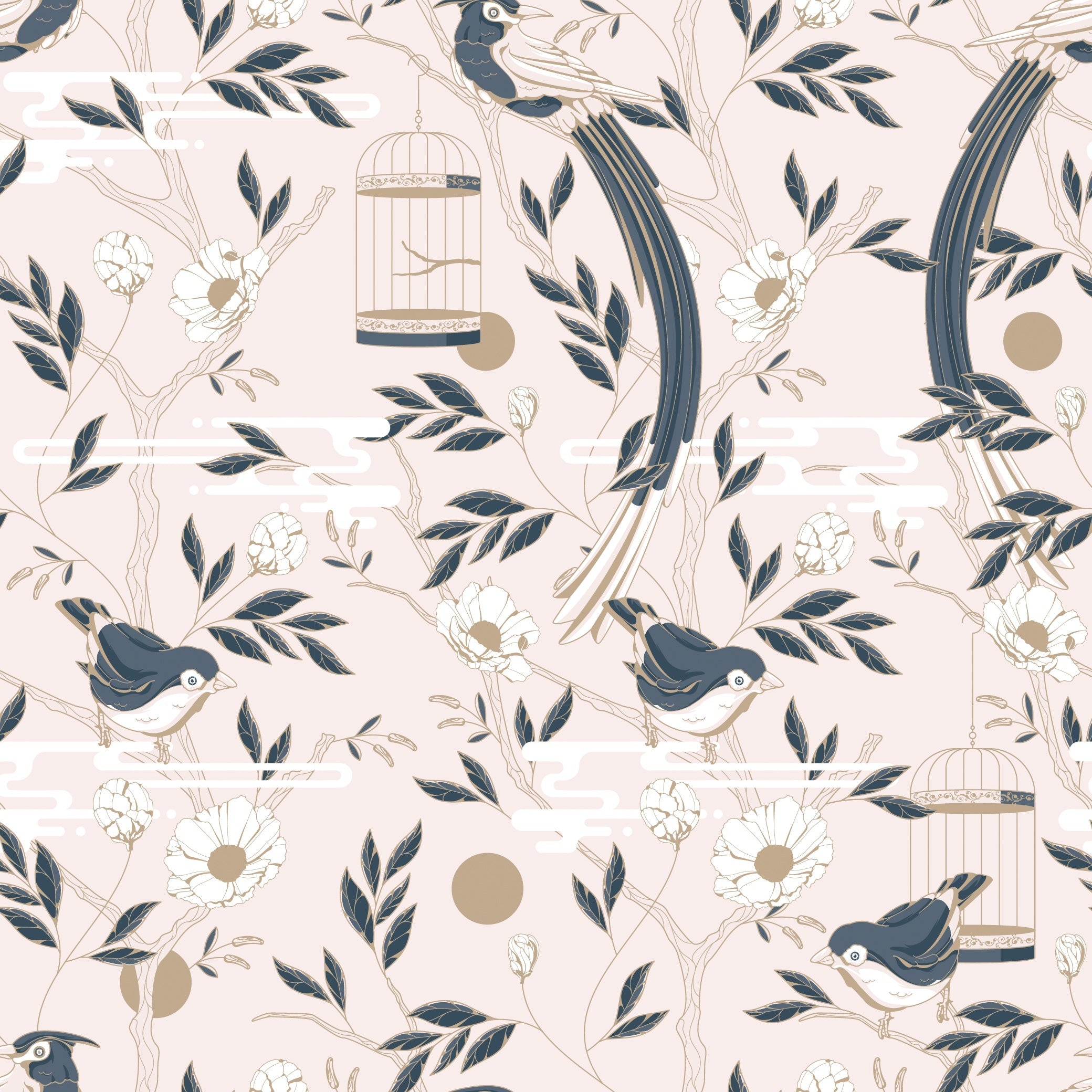 Graceful navy blue botanical scrolls and delicate pink flowers on cream colored background - view 7 - repeat-original - final