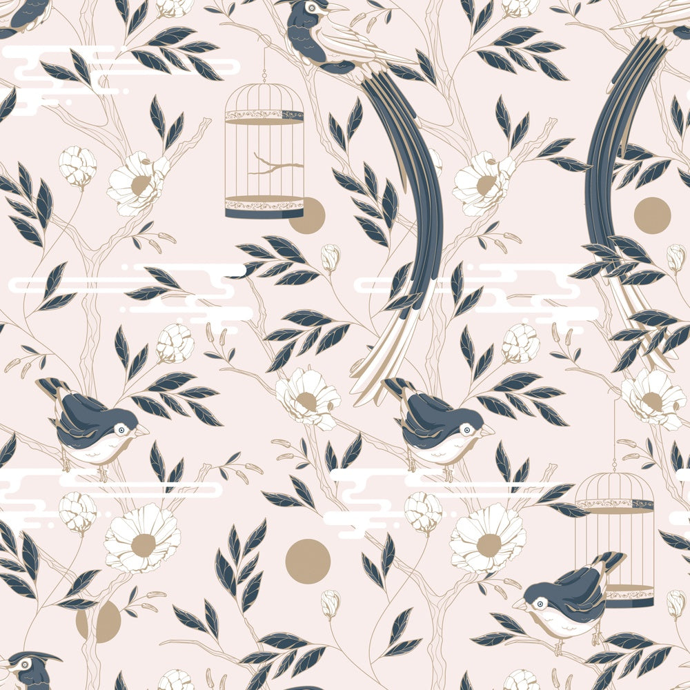 Graceful navy blue botanical scrolls and delicate pink flowers on cream colored background - view 8 - repeat-small - final