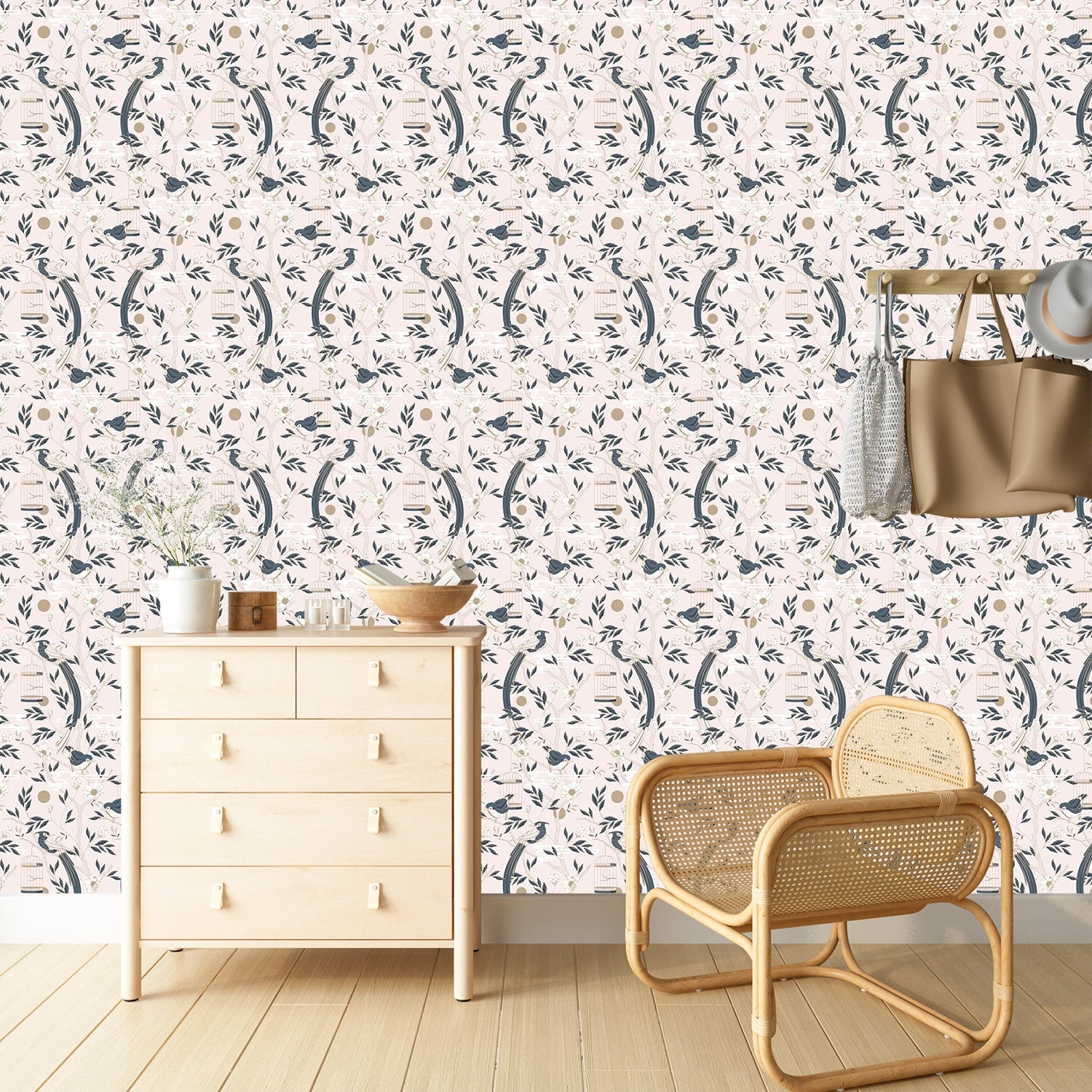 Graceful navy blue botanical scrolls and delicate pink flowers on cream colored background - final foyer