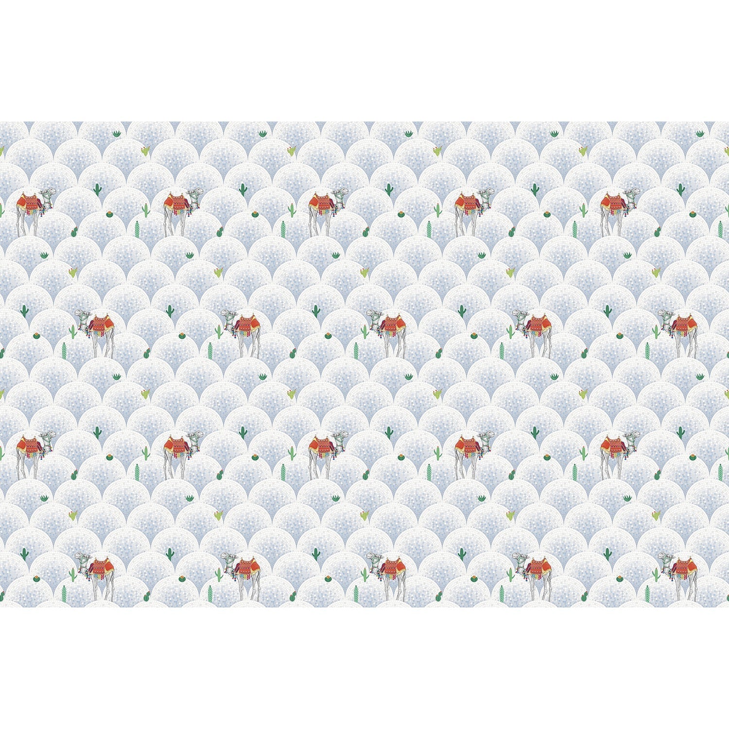 Repeating camels with saddles on scalloped beige background with scattered desert plants - view 10 - final