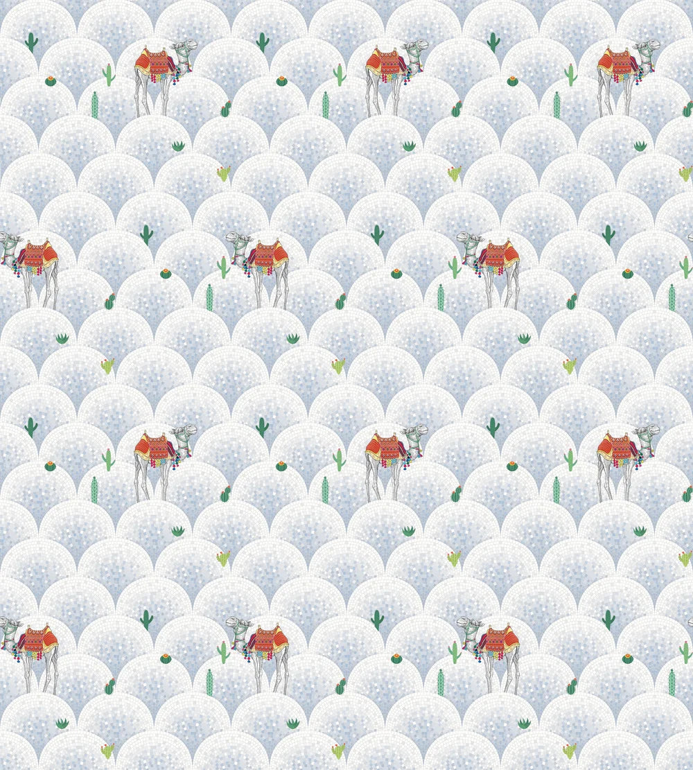 Repeating camels with saddles on scalloped beige background with scattered desert plants - view 11 - repeat-original - final