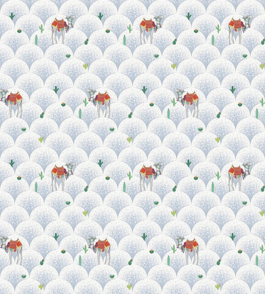 Repeating camels with saddles on scalloped beige background with scattered desert plants - view 12 - repeat-small - final