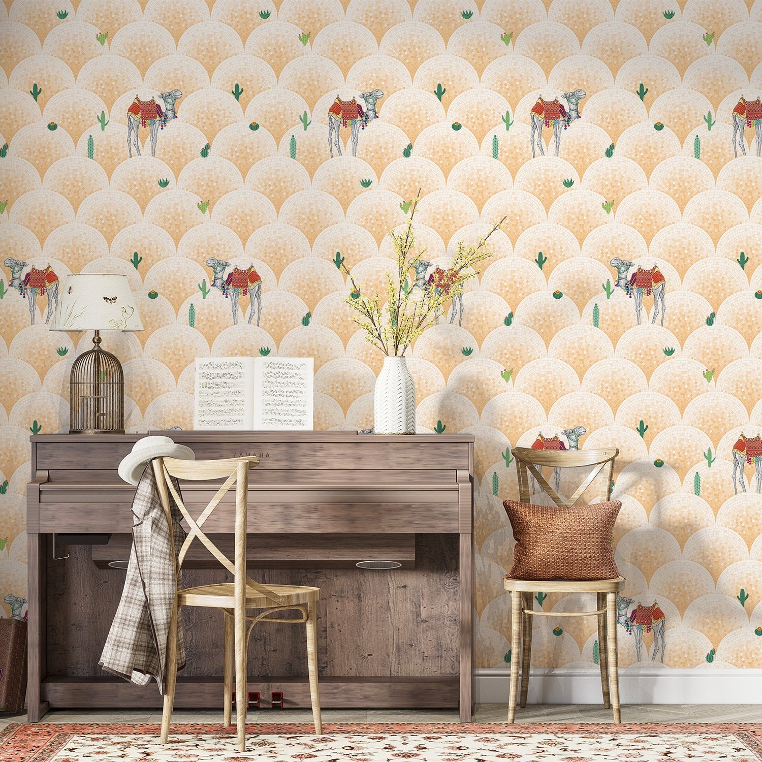 Repeating camels with saddles on scalloped beige background with scattered desert plants - view 13 - final