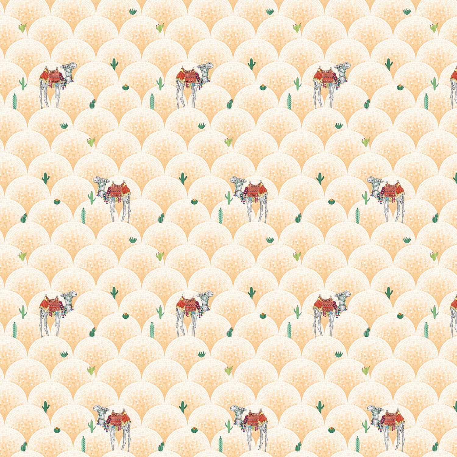 Repeating camels with saddles on scalloped beige background with scattered desert plants - view 14 - final
