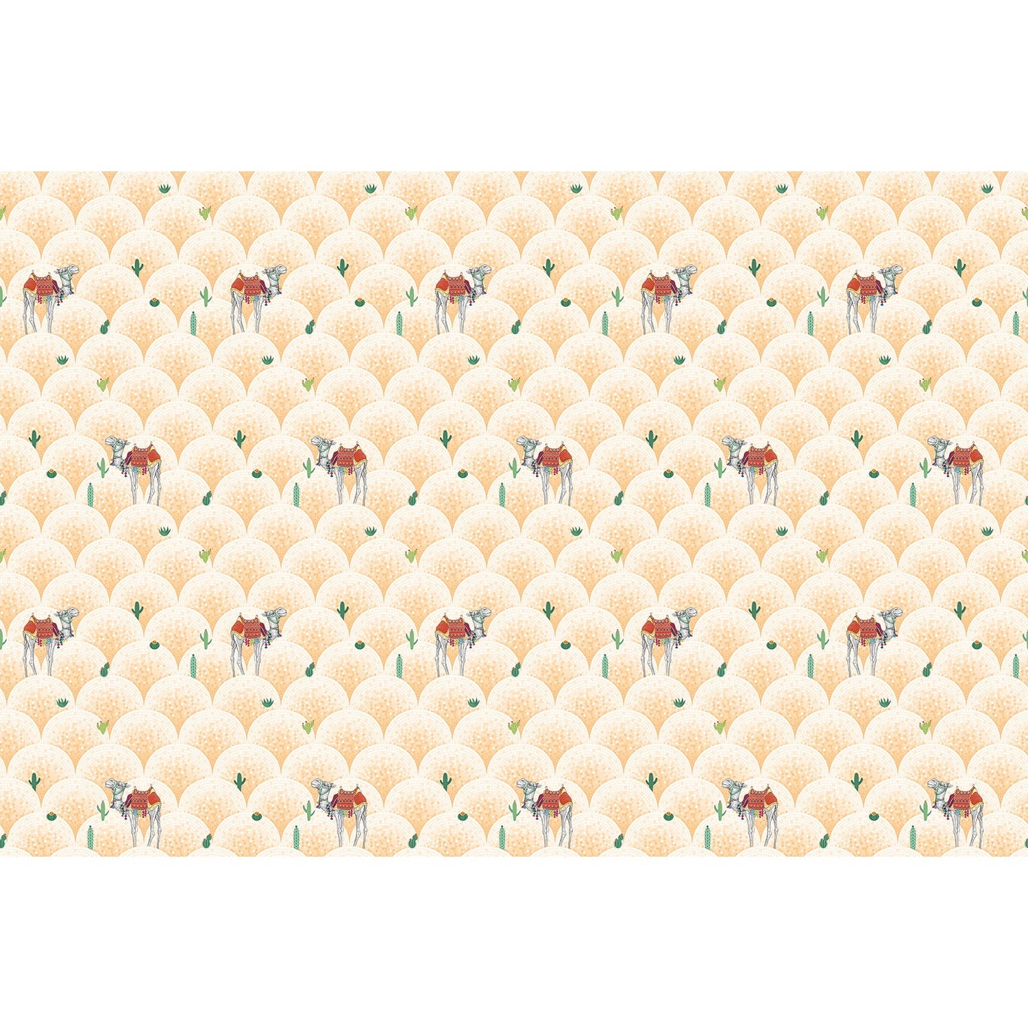 Repeating camels with saddles on scalloped beige background with scattered desert plants - view 15 - final