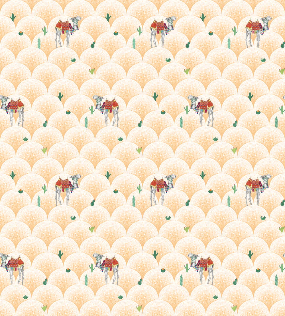Repeating camels with saddles on scalloped beige background with scattered desert plants - view 16 - repeat-original - final