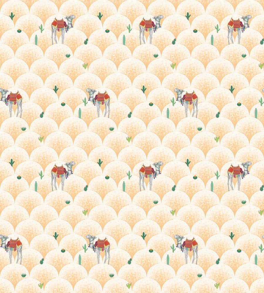 Repeating camels with saddles on scalloped beige background with scattered desert plants - view 17 - repeat-small - final