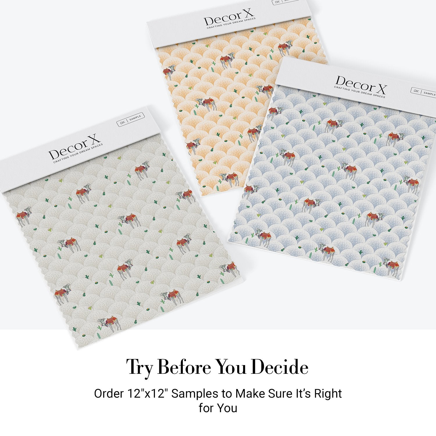 Repeating camels with saddles on scalloped beige background with scattered desert plants - view 18 - final all-groups samples