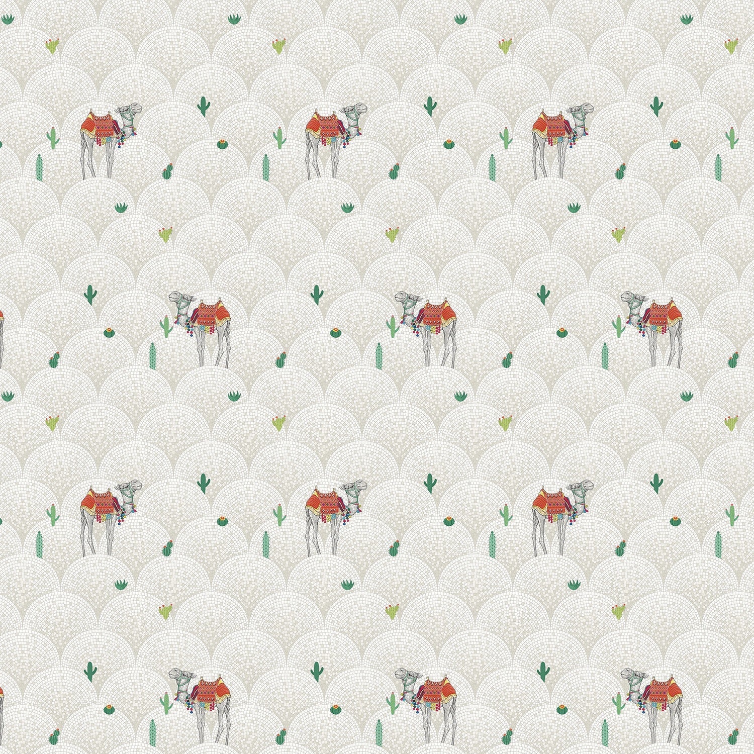 Repeating camels with saddles on scalloped beige background with scattered desert plants - view 2 - final