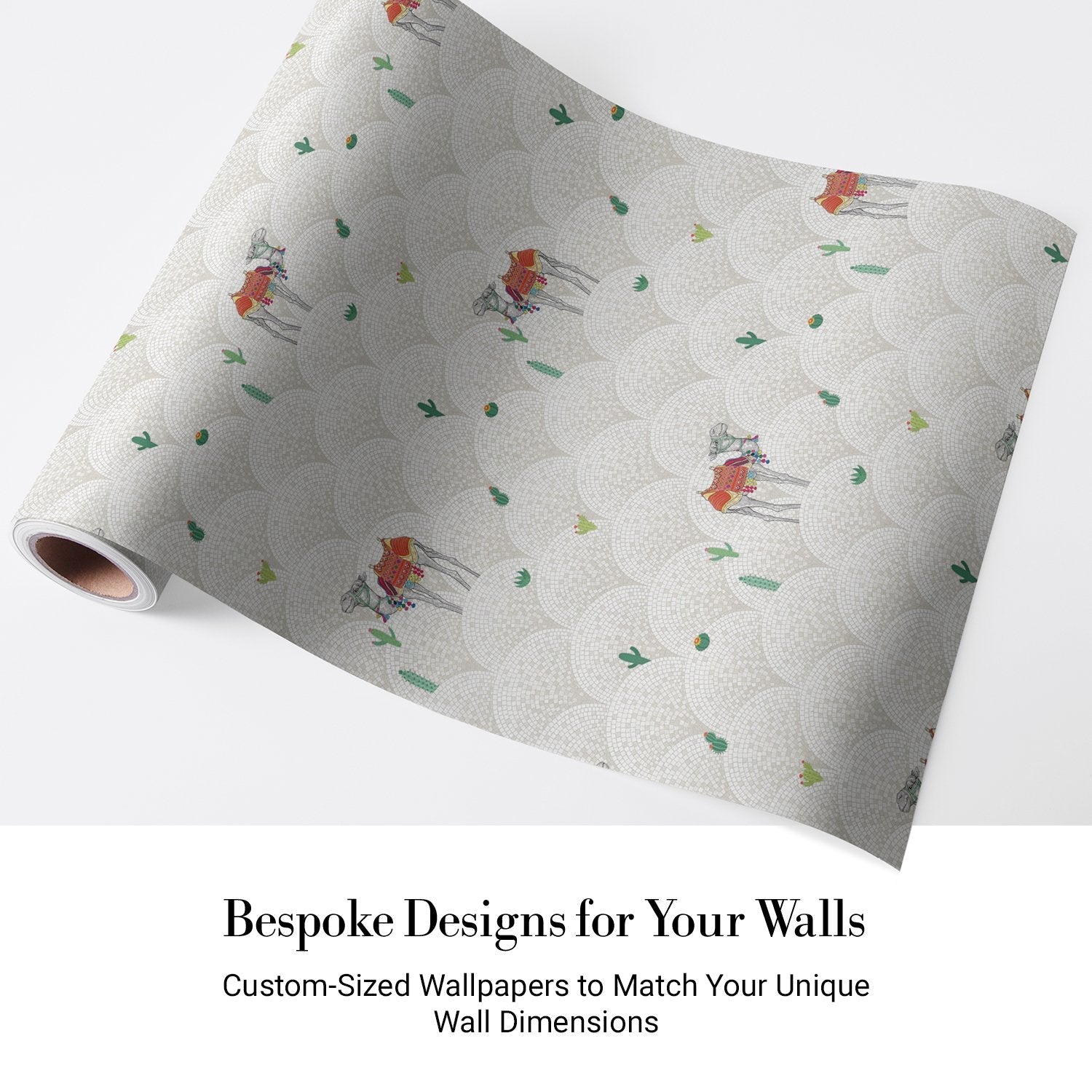 Repeating camels with saddles on scalloped beige background with scattered desert plants - view 4 - final