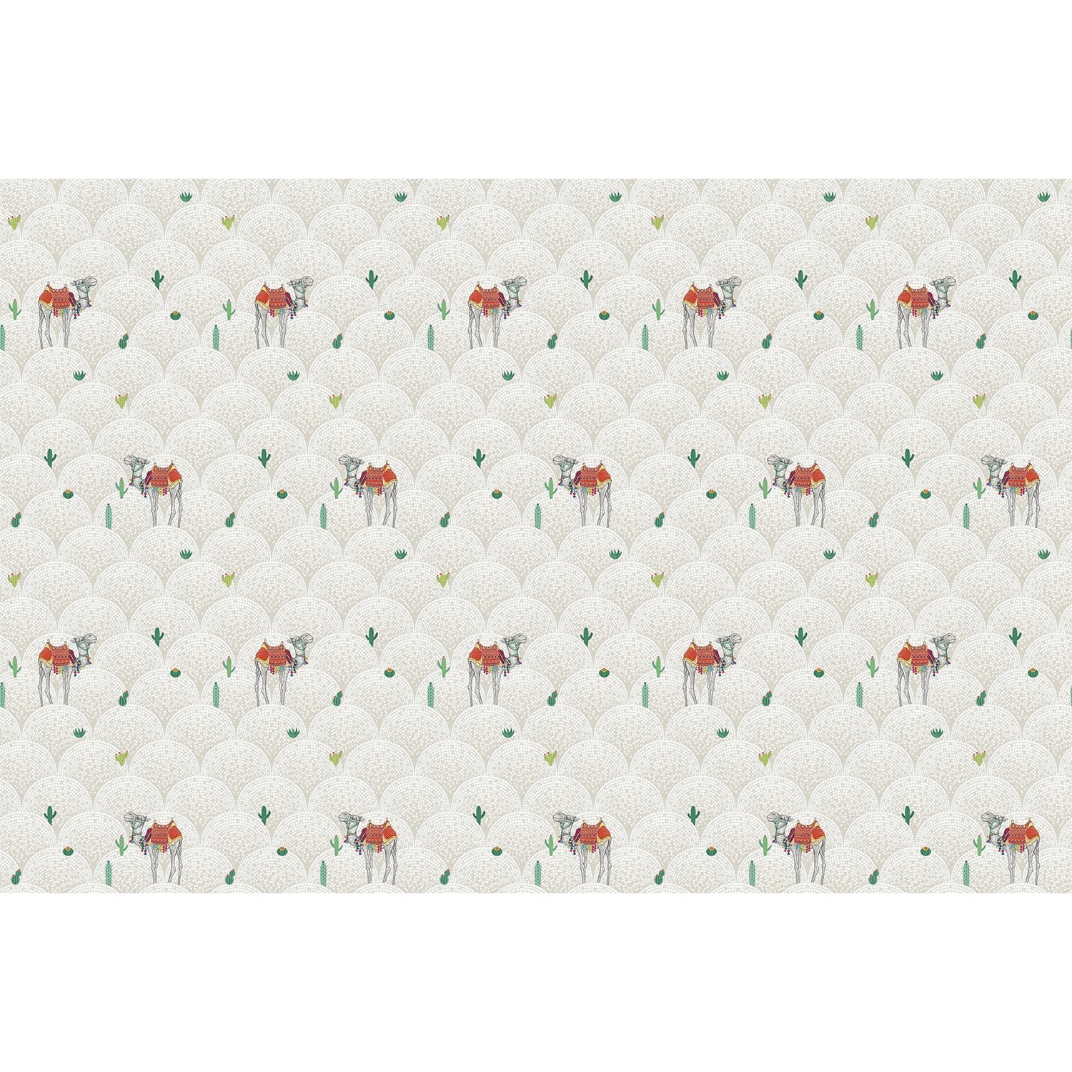 Repeating camels with saddles on scalloped beige background with scattered desert plants - view 5 - repeat-full-square - final
