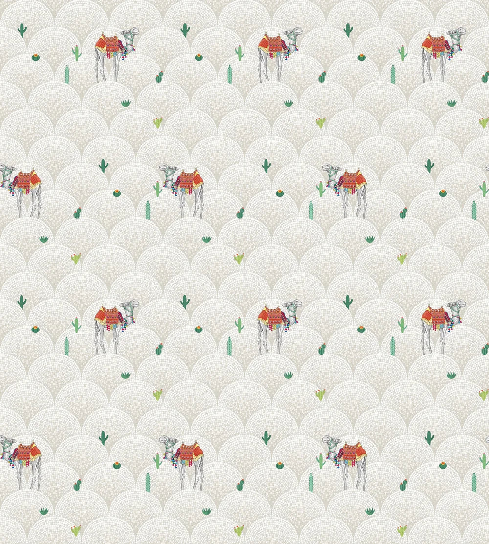Repeating camels with saddles on scalloped beige background with scattered desert plants - view 6 - repeat-original - final