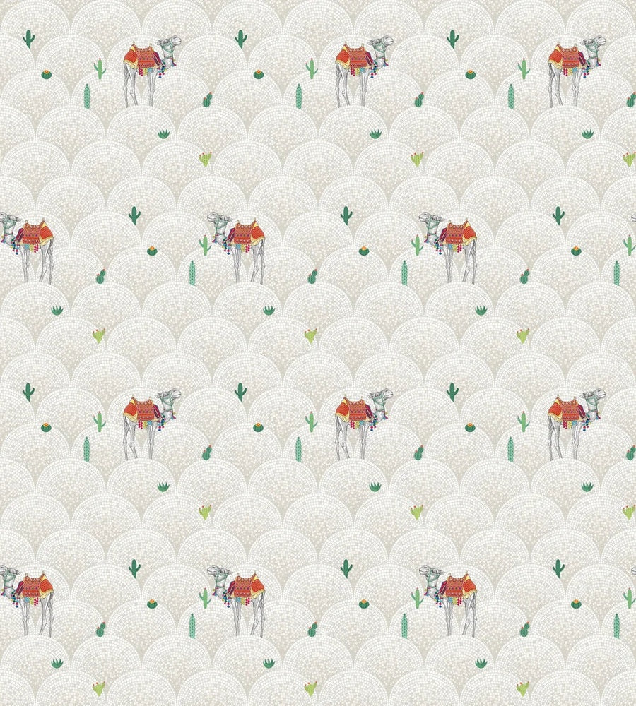 Repeating camels with saddles on scalloped beige background with scattered desert plants - view 7 - repeat-small - final