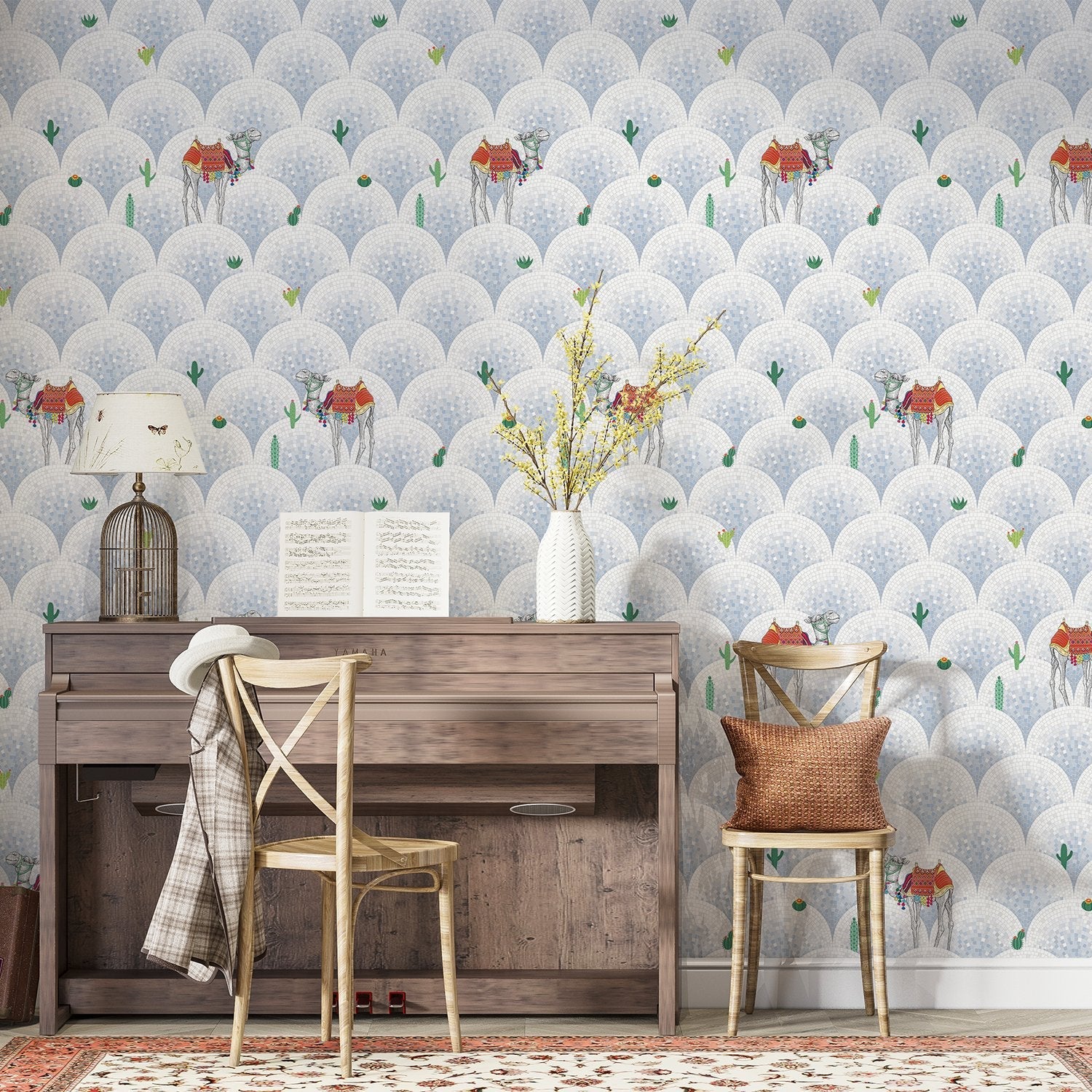 Repeating camels with saddles on scalloped beige background with scattered desert plants - view 8 - final