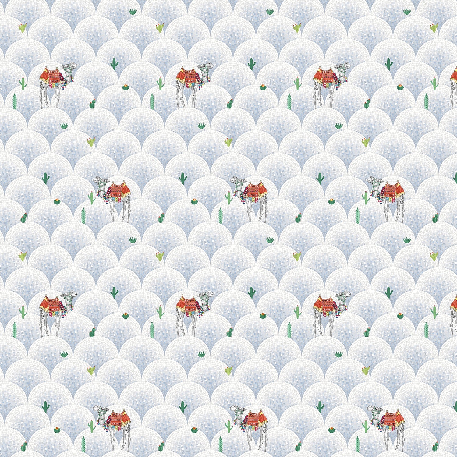 Repeating camels with saddles on scalloped beige background with scattered desert plants - view 9 - final