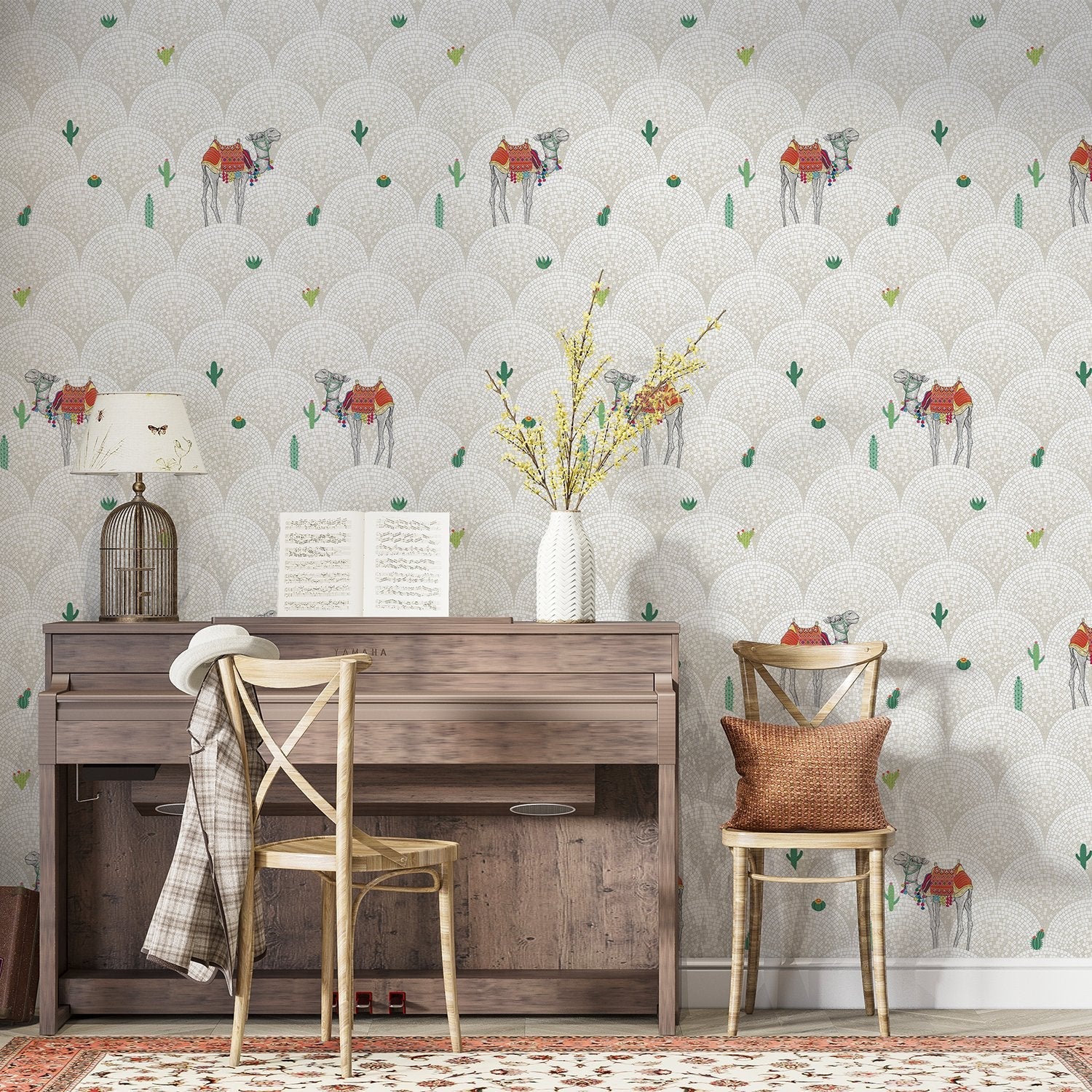 Repeating camels with saddles on scalloped beige background with scattered desert plants - final hobby-room