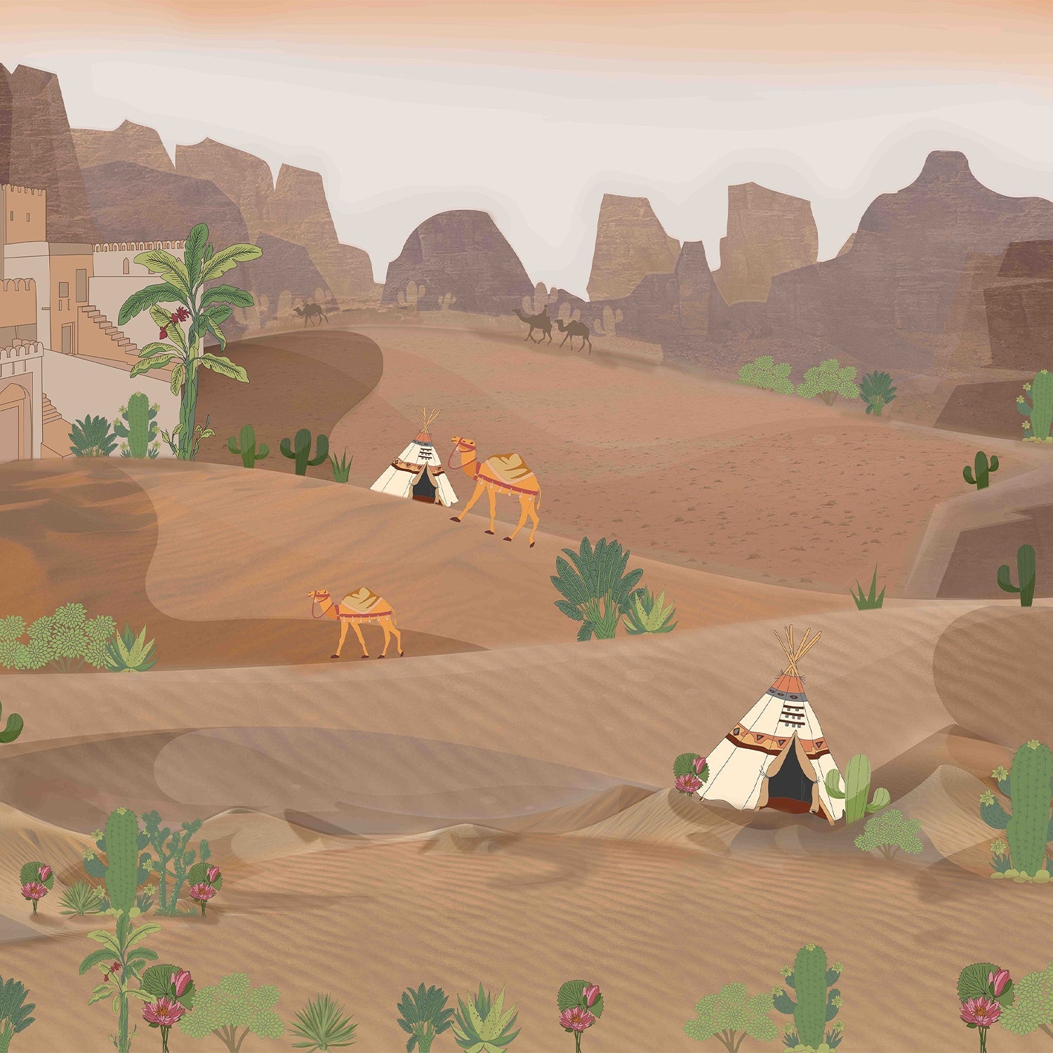 Artistic desert landscape with camels and tents in muted earth tones and palm trees - view 2 - final