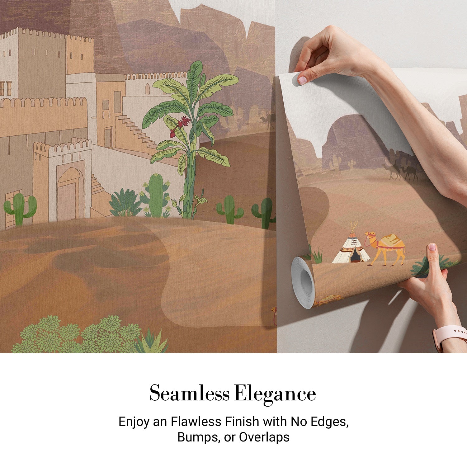 Artistic desert landscape with camels and tents in muted earth tones and palm trees - view 3 - final