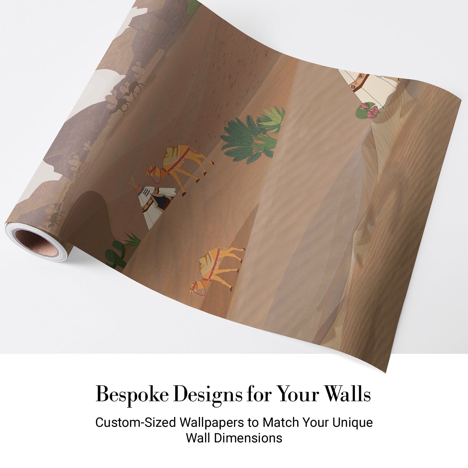 Artistic desert landscape with camels and tents in muted earth tones and palm trees - view 4 - final